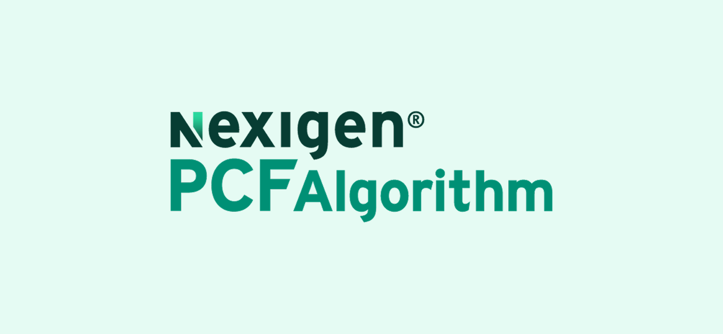 Text mit der Aufschrift „Nexigen PCF Algorithm” in fetten, dunkelgrünen und blaugrünen Buchstaben auf hellgrünem Hintergrund.